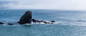 Превью обои скала, море, брызги, горизонт