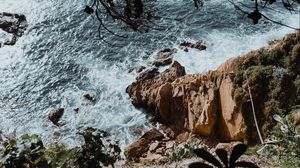 Превью обои скала, море, ветки, кактусы