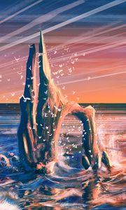 Превью обои скала, море, волны, птицы, арт