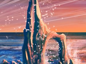 Превью обои скала, море, волны, птицы, арт