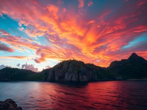 Превью обои скала, море, закат, небо, облака