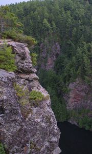 Превью обои скала, обрыв, лес, река, природа, зеленый