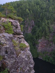 Превью обои скала, обрыв, лес, река, природа, зеленый