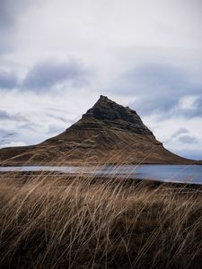 Превью обои скала, озеро, трава, природа