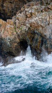 Превью обои скала, пещера, море, волны, пена, природа