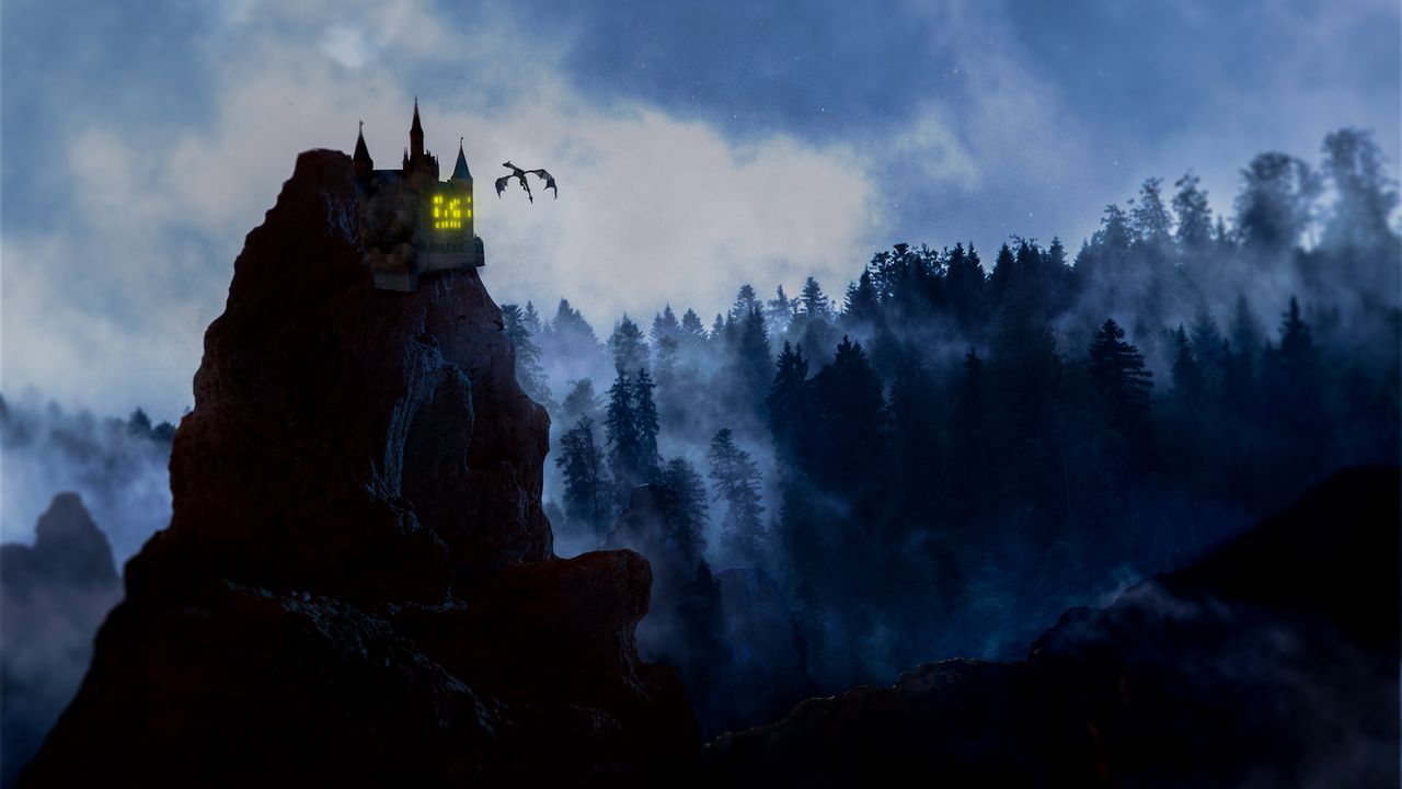 Обои скала, замок, дракон, туман, лес