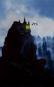 Превью обои скала, замок, дракон, туман, лес