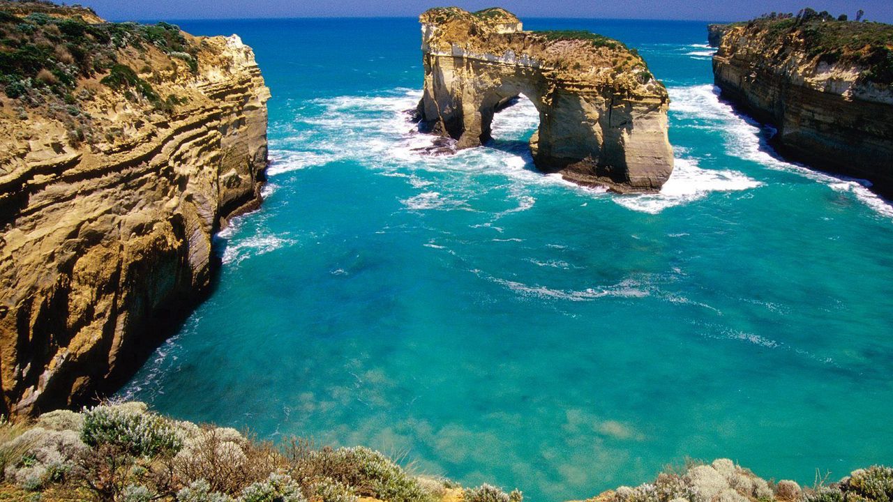 Обои скалы, арки, берег, австралия, голубая вода