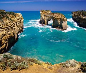 Превью обои скалы, арки, берег, австралия, голубая вода