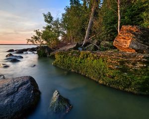 Превью обои скалы, берег, мох, вода, деревья