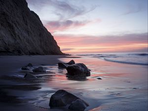 Превью обои скалы, берег, море, камни, вода, закат