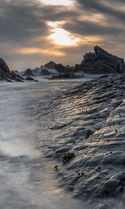 Превью обои скалы, берег, вода, закат, пейзаж