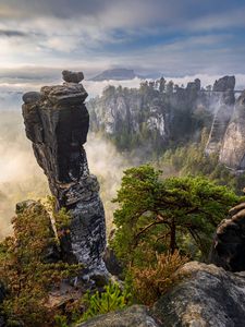 Превью обои скалы, деревья, лес, туман, природа, вид сверху