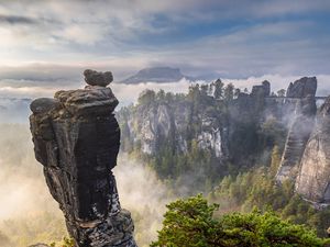 Превью обои скалы, деревья, лес, туман, природа, вид сверху