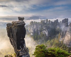 Превью обои скалы, деревья, лес, туман, природа, вид сверху