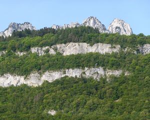 Превью обои скалы, деревья, пейзаж, небо