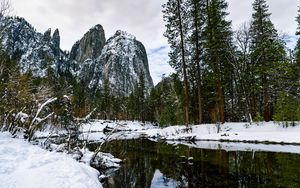 Превью обои скалы, деревья, река, снег, природа