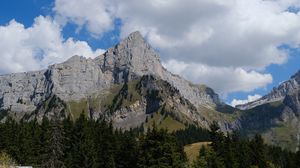 Превью обои скалы, деревья, склон, камни, трава