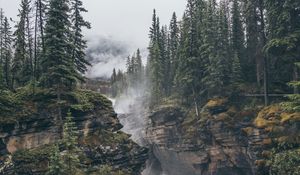 Превью обои скалы, деревья, туман, пейзаж, природа