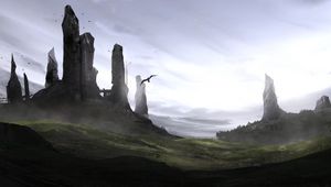 Превью обои скалы, фэнтези, птицы, туман, арт
