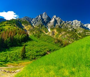 Превью обои скалы, горы, долина, трава, пейзаж