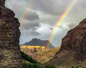 Превью обои скалы, горы, радуга, озеро, природа