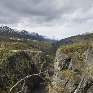 Превью обои скалы, горы, река, обрыв, ветки