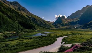 Превью обои скалы, горы, река, цветы, пейзаж