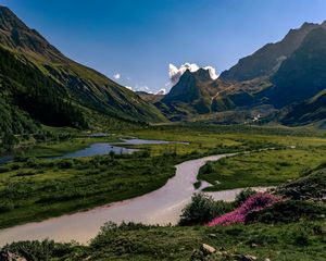 Превью обои скалы, горы, река, цветы, пейзаж