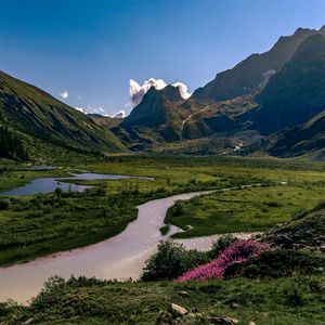 Превью обои скалы, горы, река, цветы, пейзаж