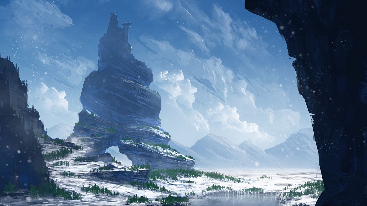 Обои скалы, горы, снег, заснеженный, арт