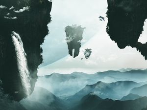 Превью обои скалы, горы, туман, пейзаж, фантастический
