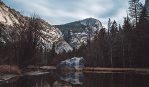 Превью обои скалы, камни, деревья, озеро