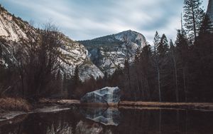 Превью обои скалы, камни, деревья, озеро