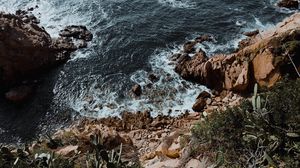 Превью обои скалы, камни, море, прибой, кактусы