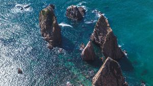 Превью обои скалы, камни, море, вид сверху, побережье