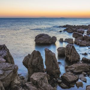 Превью обои скалы, камни, море, закат, природа