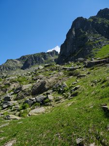 Превью обои скалы, камни, трава, небо, природа