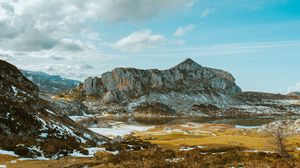 Превью обои скалы, кусты, снег