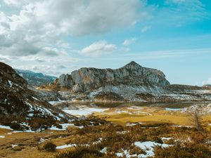 Превью обои скалы, кусты, снег