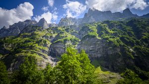 Превью обои скалы, кусты, водопад