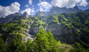 Превью обои скалы, кусты, водопад