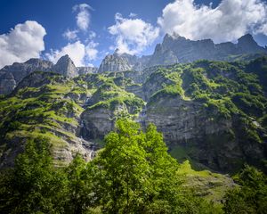 Превью обои скалы, кусты, водопад