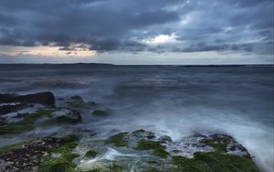 Превью обои скалы, море, горизонт, мох