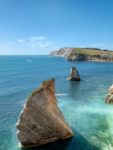 Превью обои скалы, море, лодки, пейзаж, небо