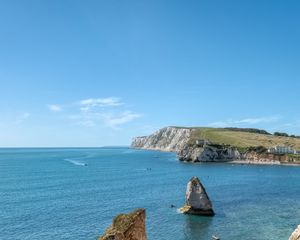 Превью обои скалы, море, лодки, пейзаж, небо