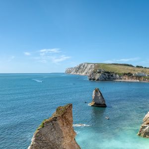 Превью обои скалы, море, лодки, пейзаж, небо