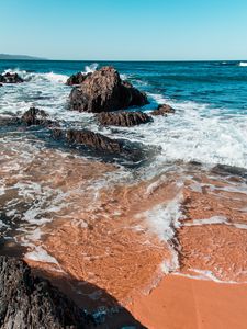 Превью обои скалы, море, песок, побережье