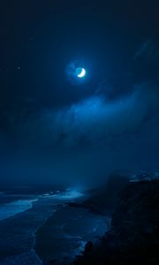 Превью обои скалы, море, прибой, луна, ночь