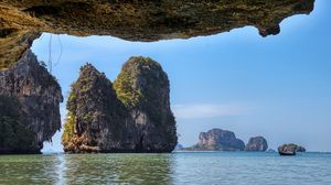 Превью обои скалы, море, трава, вид, природа